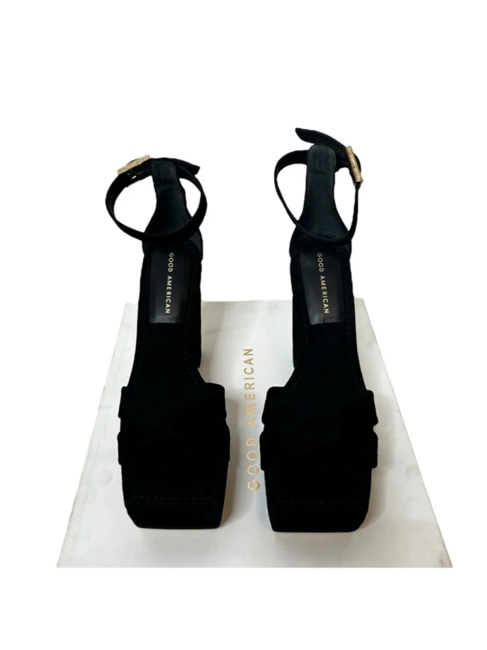 Good American Black Suede Ankle Strap Chunky Platform Sandal Heels Size 9